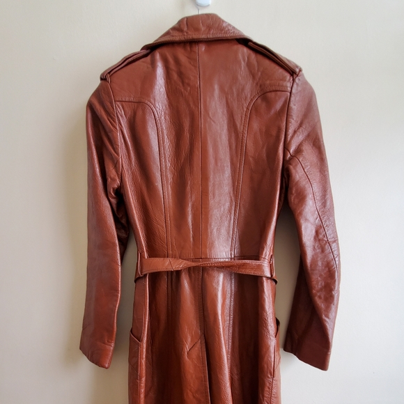 Vintage Cognac Genuine leather jacket fitted long double breasted, w self belt - Picture 7 of 16